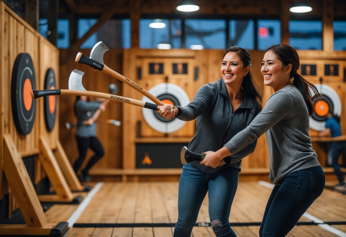 A couple enjoying axe throwing together indoors at a lively venue.