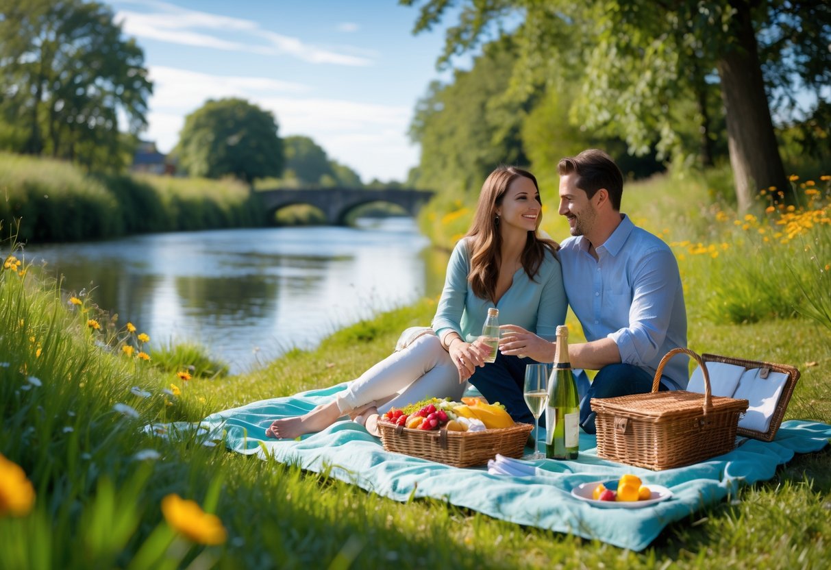 A couple enjoying a picnic on a blanket by the River Skerne surrounded by green grass and trees on a sunny day.