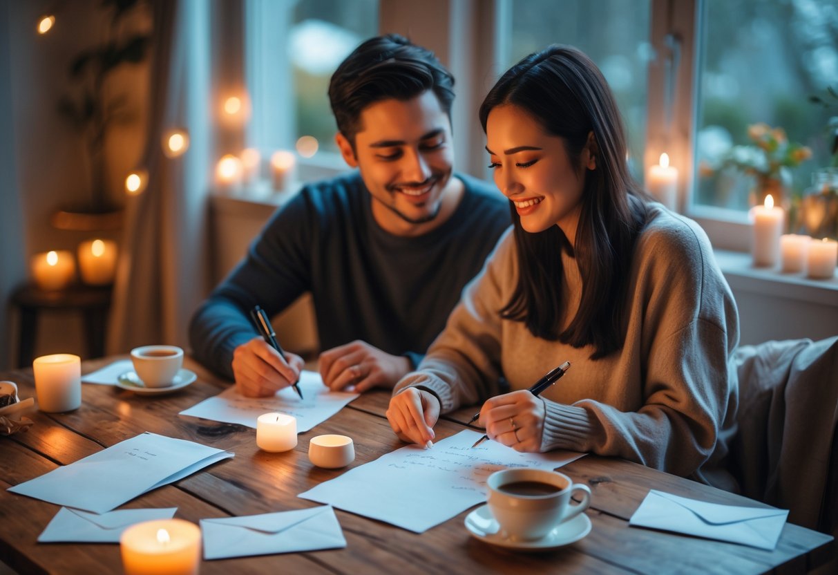 A couple sitting at a table writing love letters to each other with candles and tea nearby.