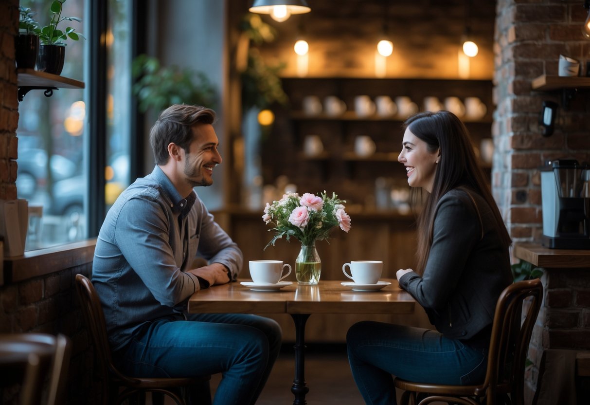 Two people sitting at a small table in a dimly lit café, having a coffee together.