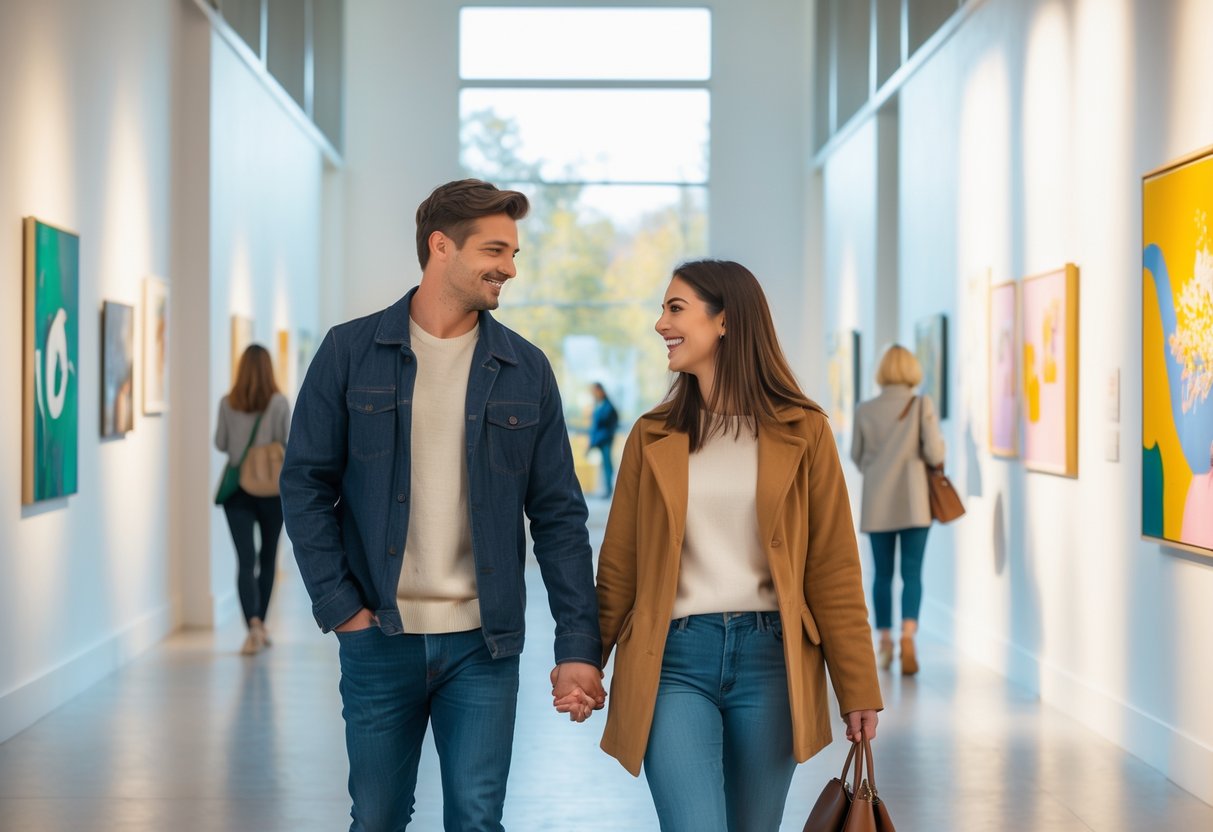 A young couple walking hand in hand inside an art gallery, looking at paintings and sculptures.
