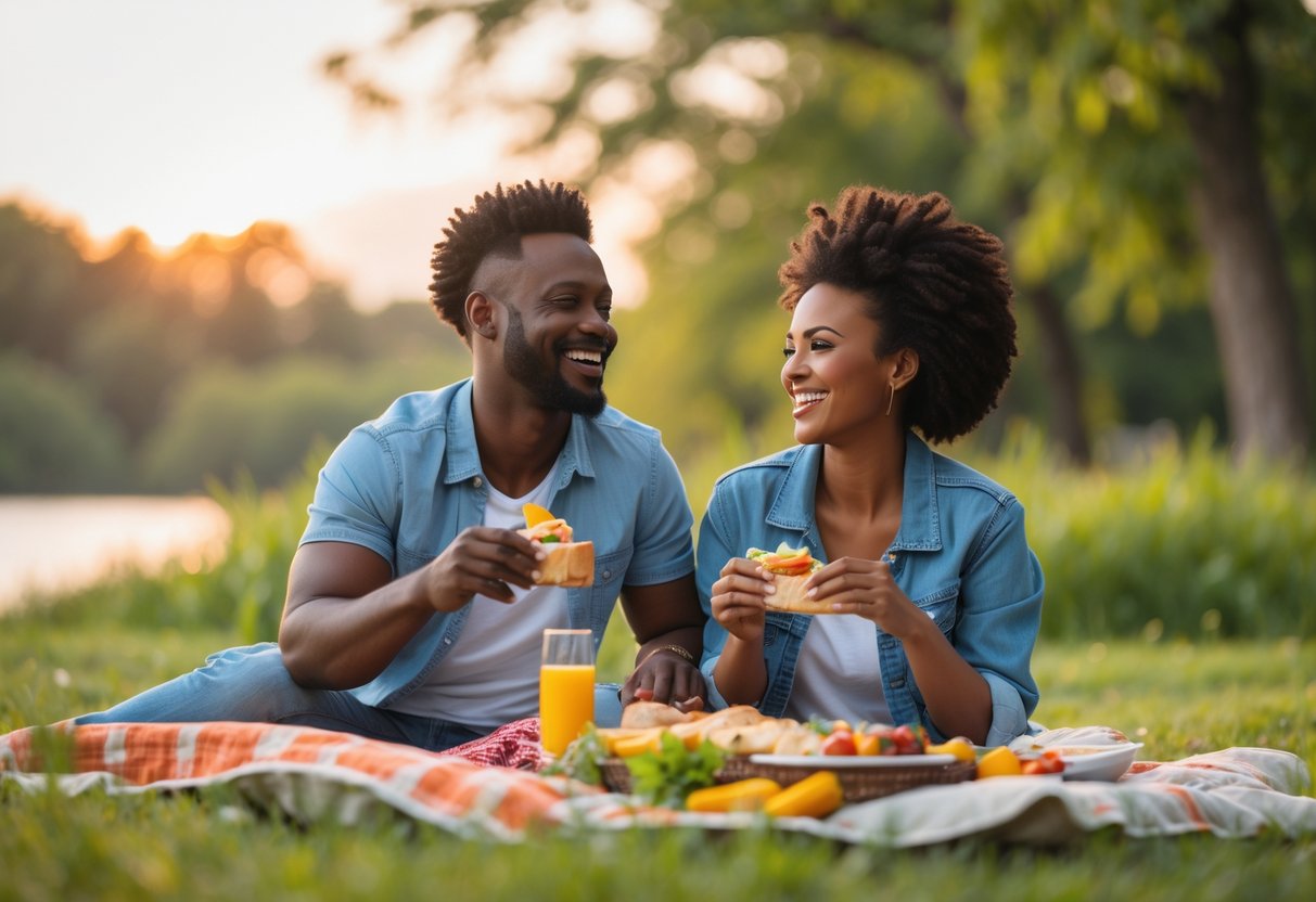 A couple enjoying a free outdoor date together in a park, smiling and spending quality time.