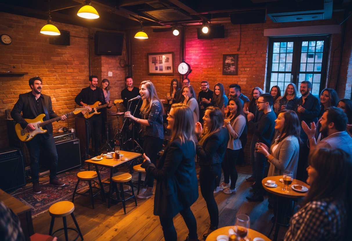 A small music venue with a band performing on stage and a group of people enjoying the live gig.
