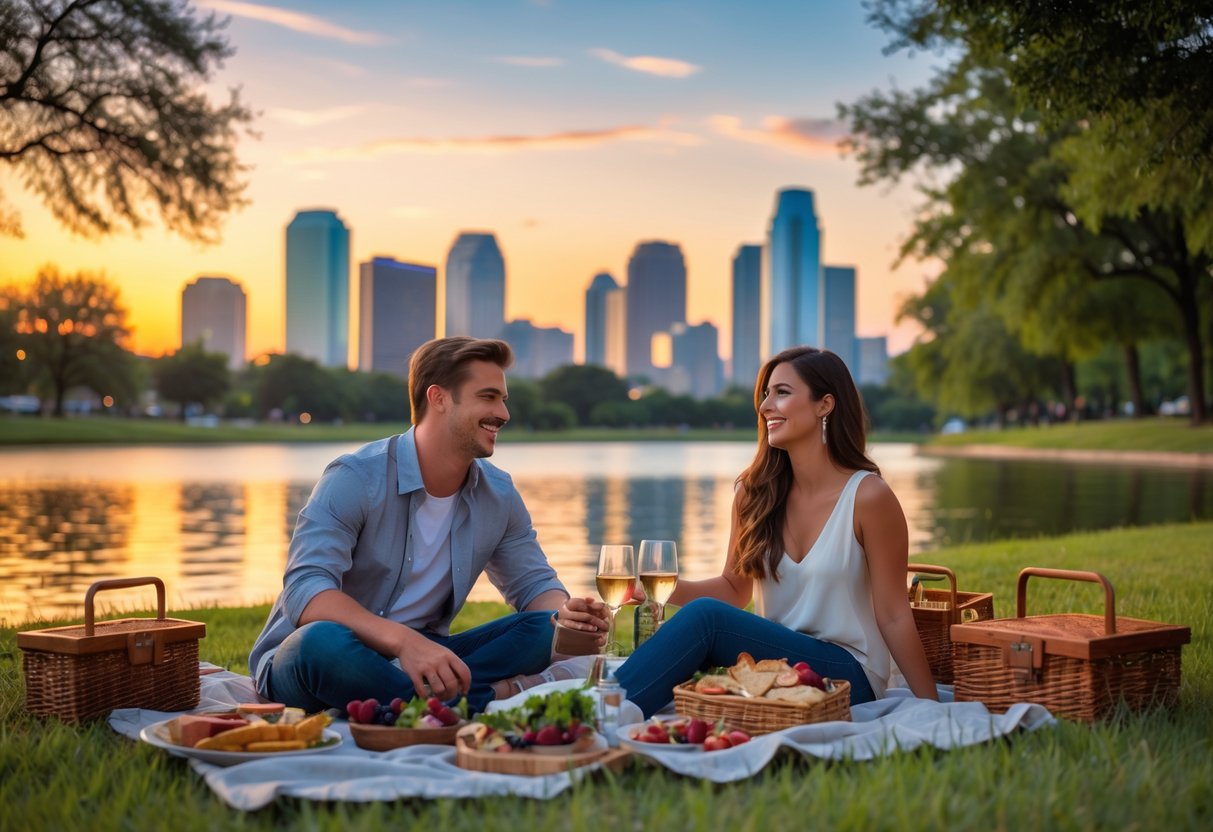 A young couple enjoying a sunset picnic in a park with the Dallas skyline in the background.