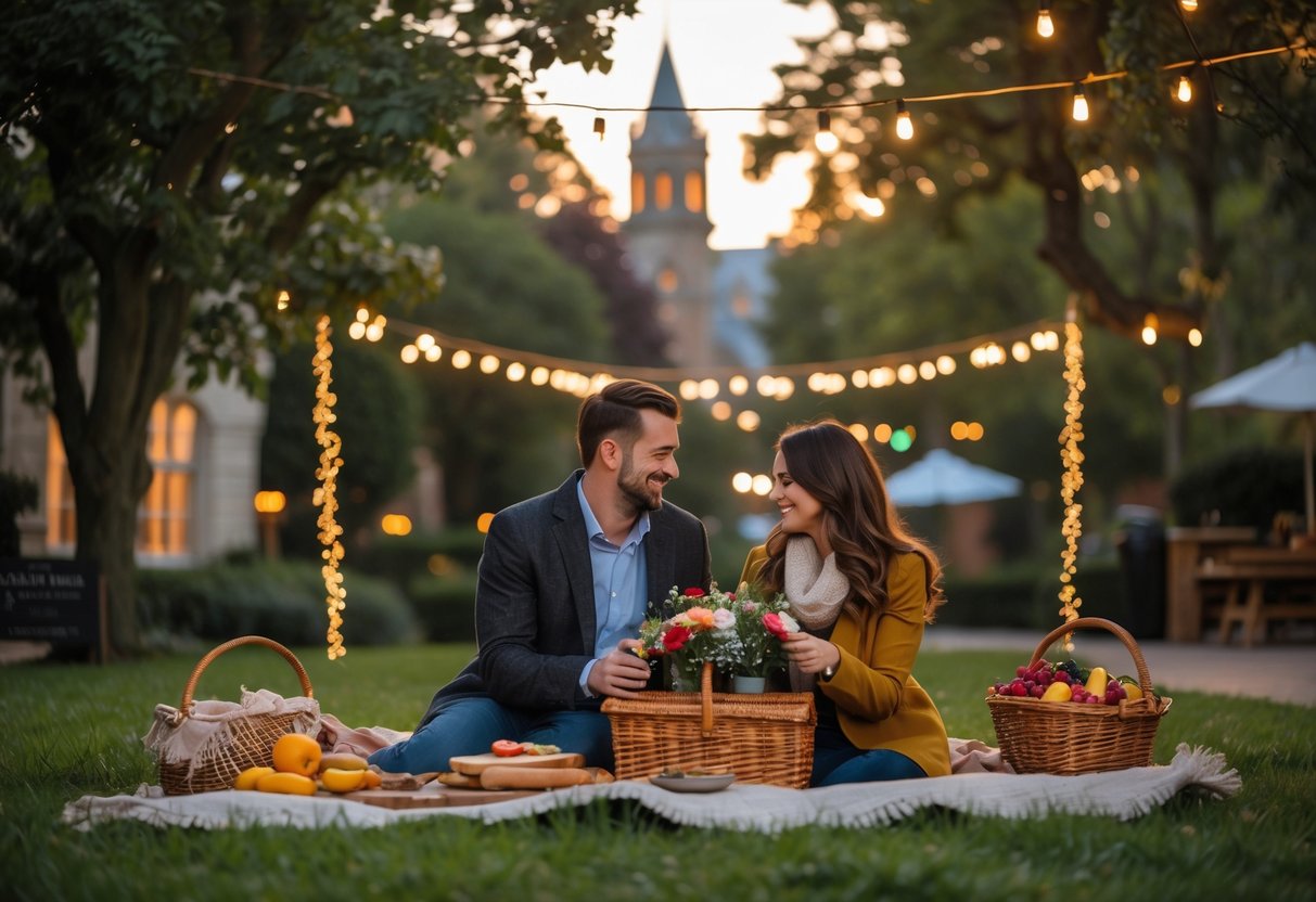 A couple enjoying a romantic picnic outdoors in a park with greenery and historic buildings in the background.