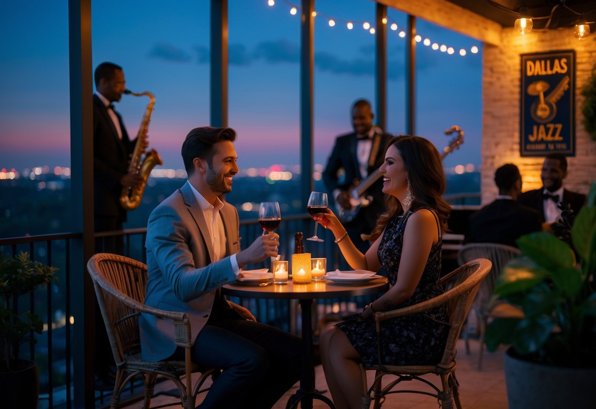 A couple enjoying a romantic dinner on a balcony with a live jazz band playing in the background at night.