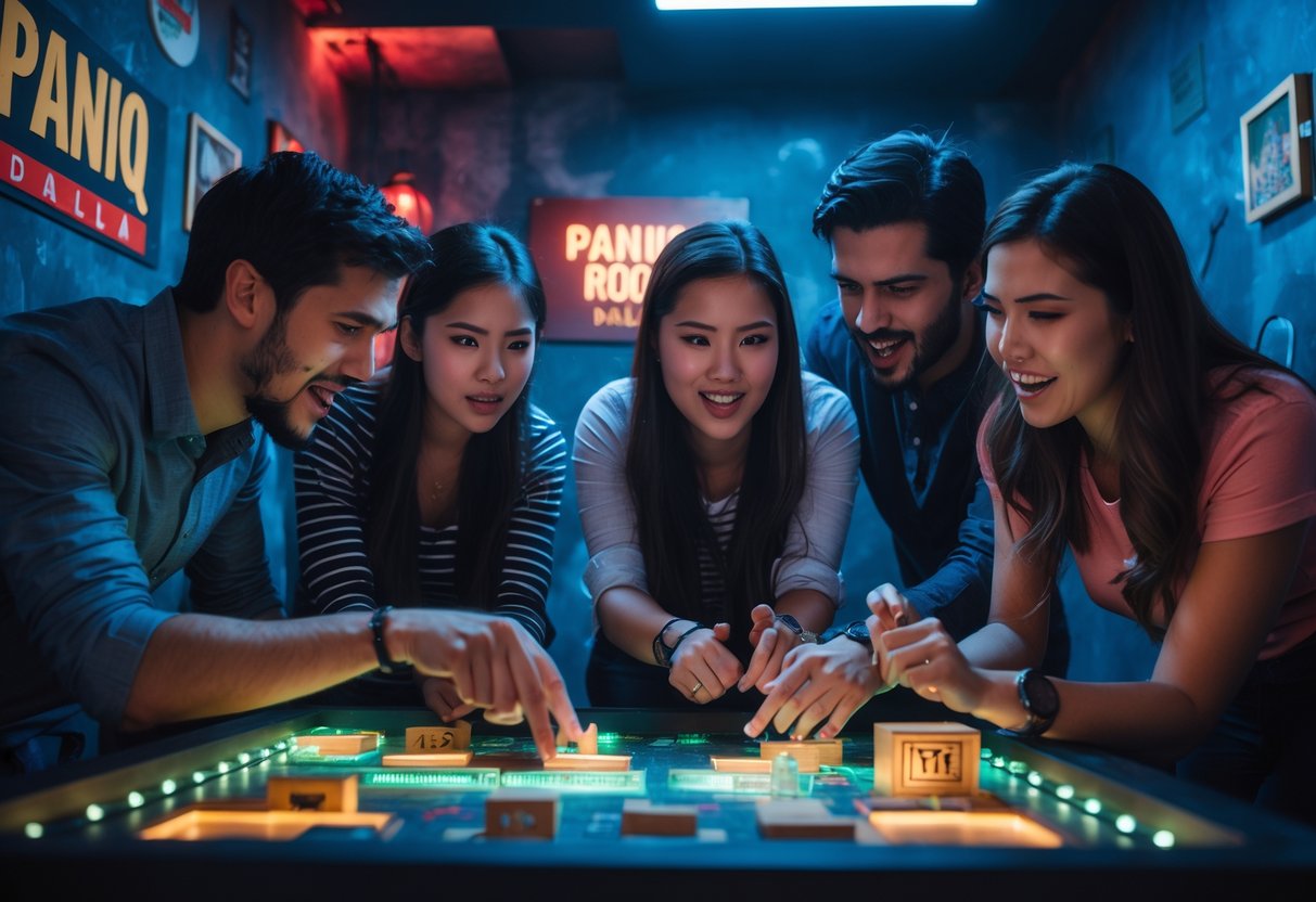 Four friends working together to solve puzzles in an escape room with themed decorations and dim lighting.