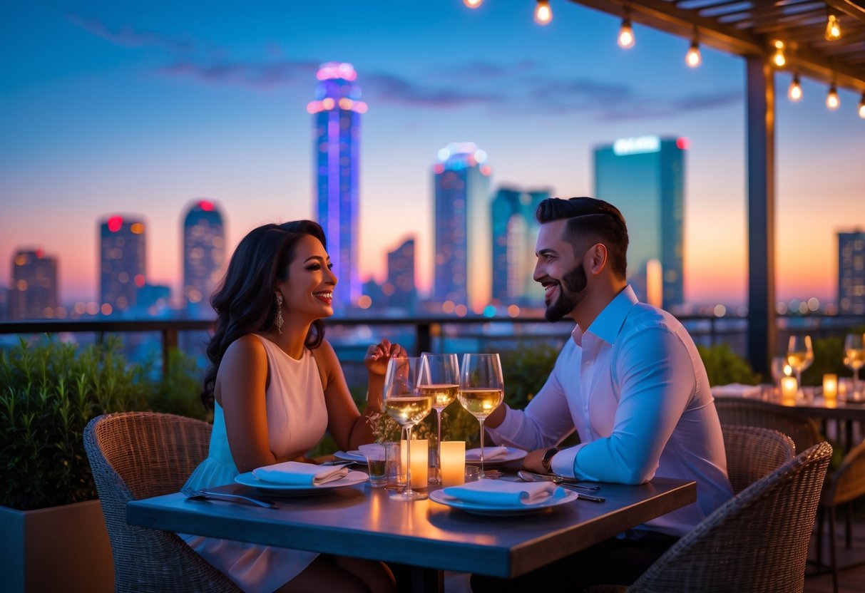 A couple enjoying a romantic dinner at a rooftop restaurant with the Dallas skyline visible in the background during evening.