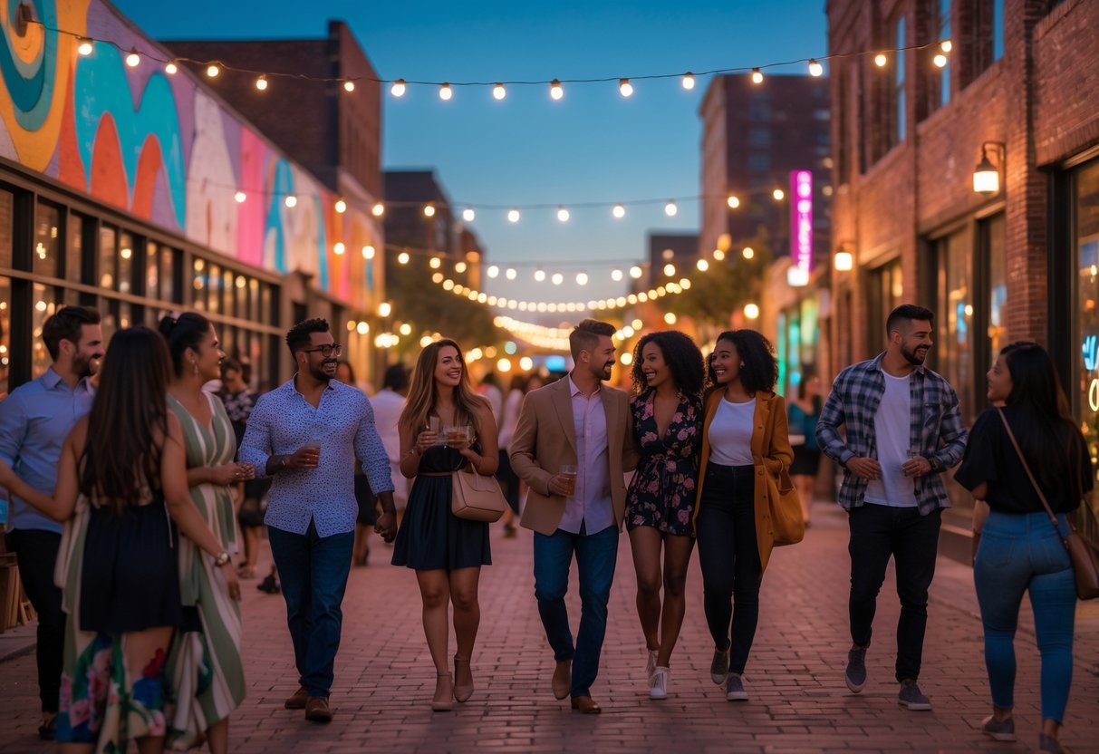 Couples and friends enjoying an evening in a lively urban arts district with colorful murals and outdoor cafes.