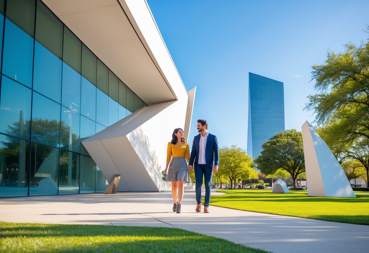 A young couple walking hand in hand outside the Modern Art Museum of Fort Worth on a sunny day.