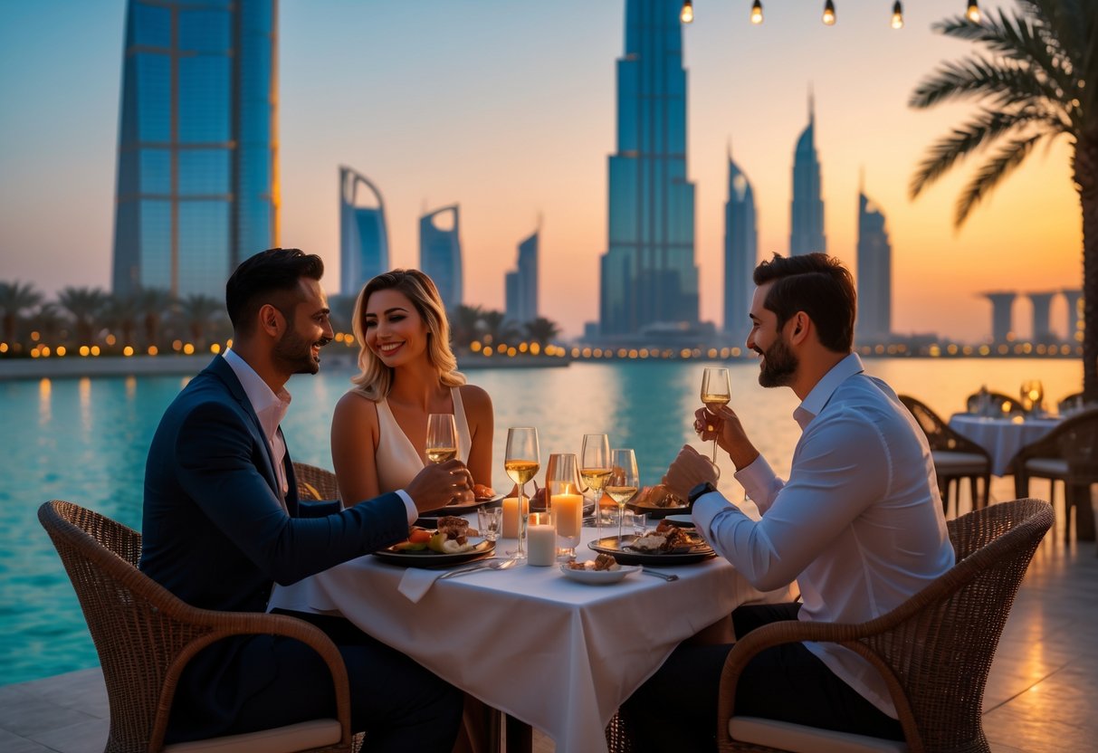 A couple having a romantic dinner outdoors with the Dubai skyline and Burj Khalifa visible in the background at sunset.