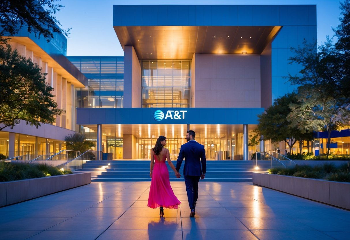 A couple walking hand-in-hand outside the AT&T Performing Arts Center in Dallas during the evening.