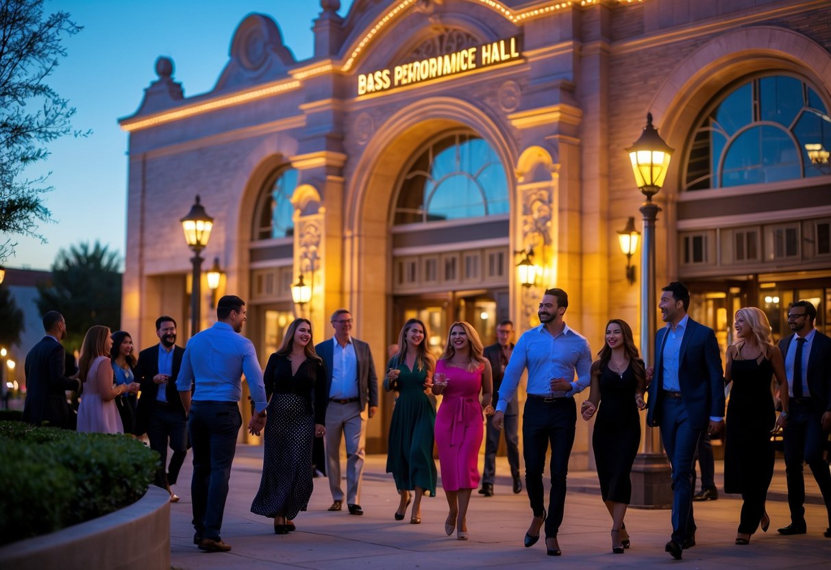 People arriving and gathering outside Bass Performance Hall in Dallas Fort Worth for a live show in the evening.