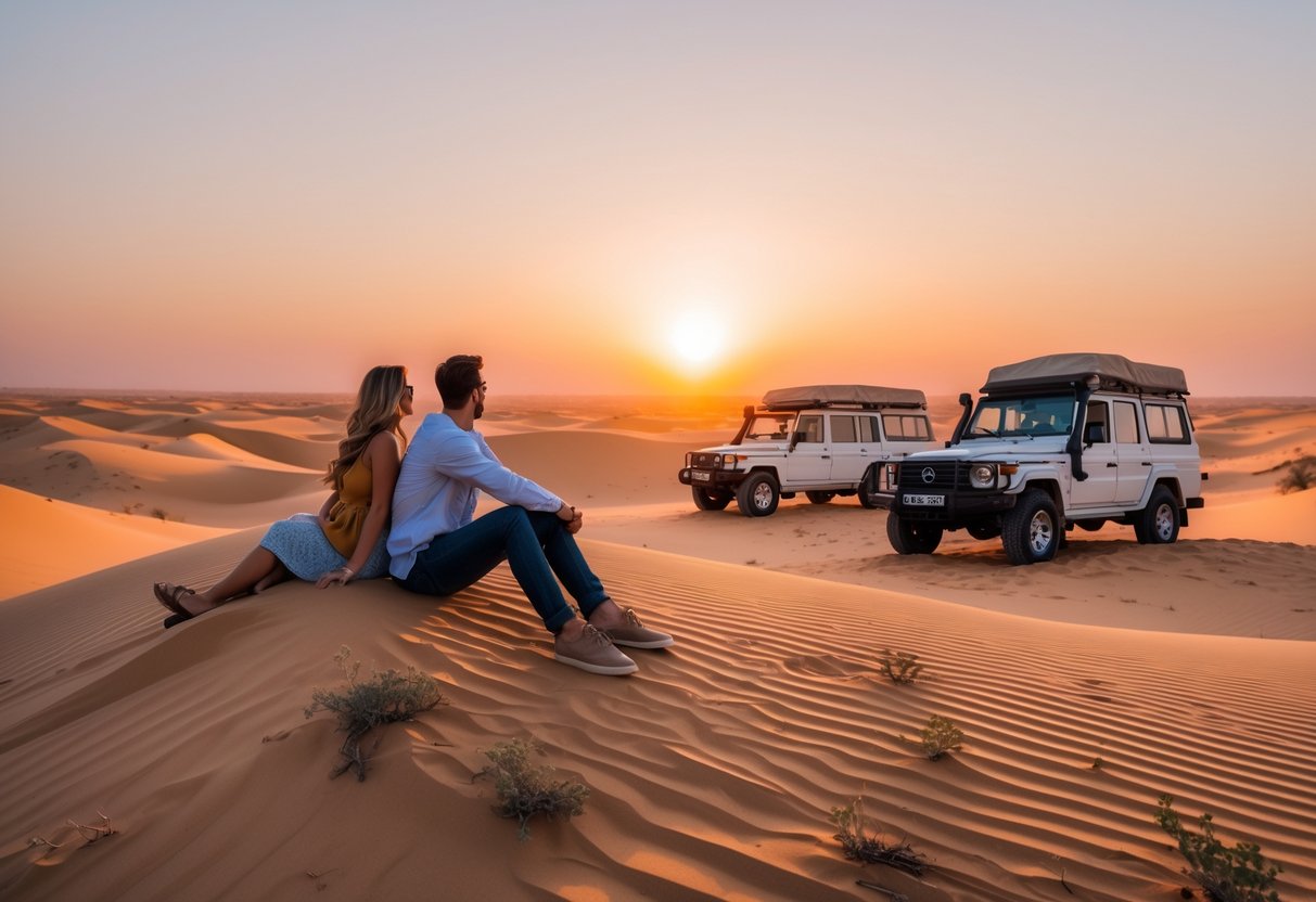 A couple sitting on a sand dune watching the sun set over the desert with 4x4 vehicles nearby.