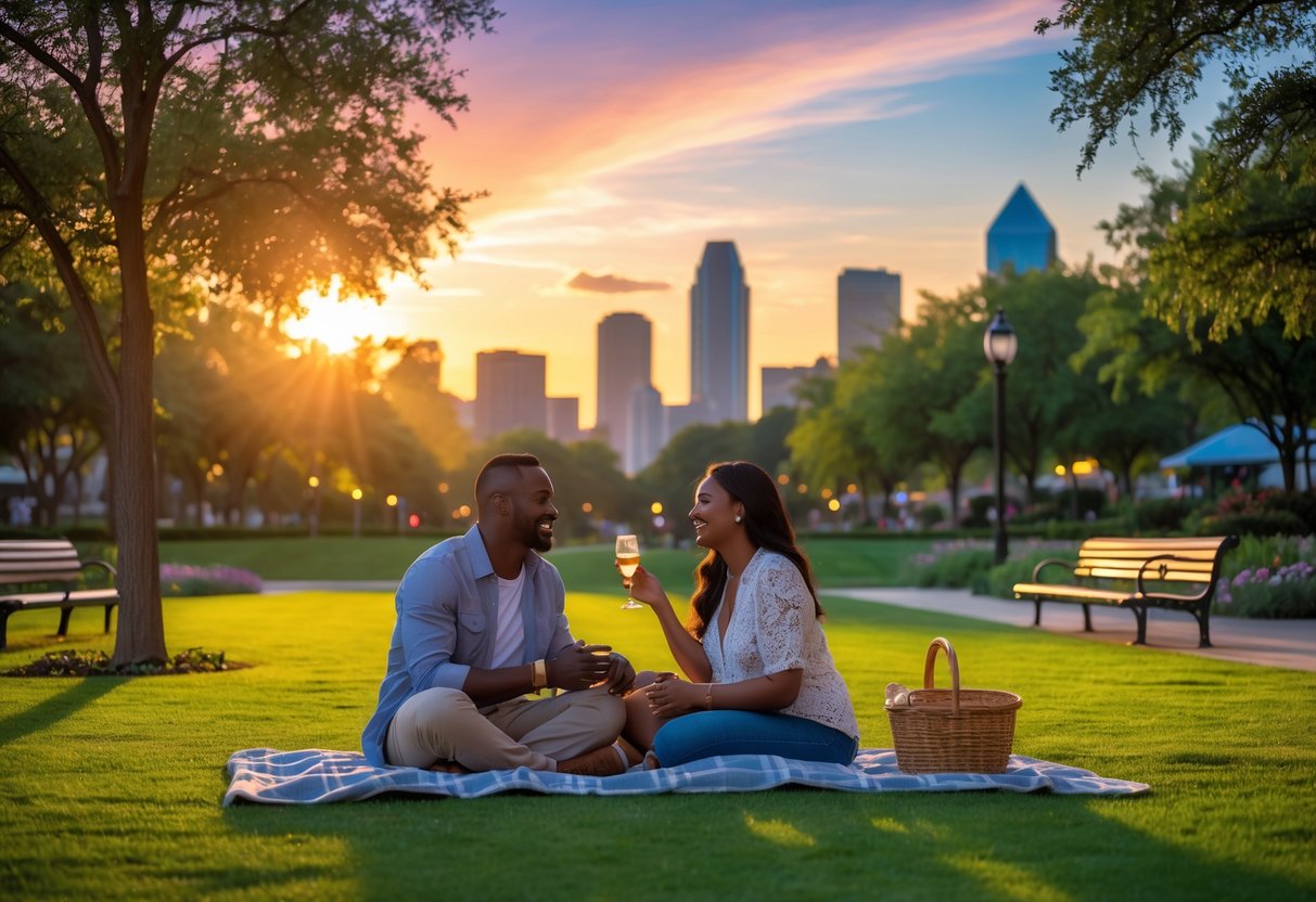 A couple sitting on a picnic blanket at Klyde Warren Park with the Dallas skyline at sunset in the background.