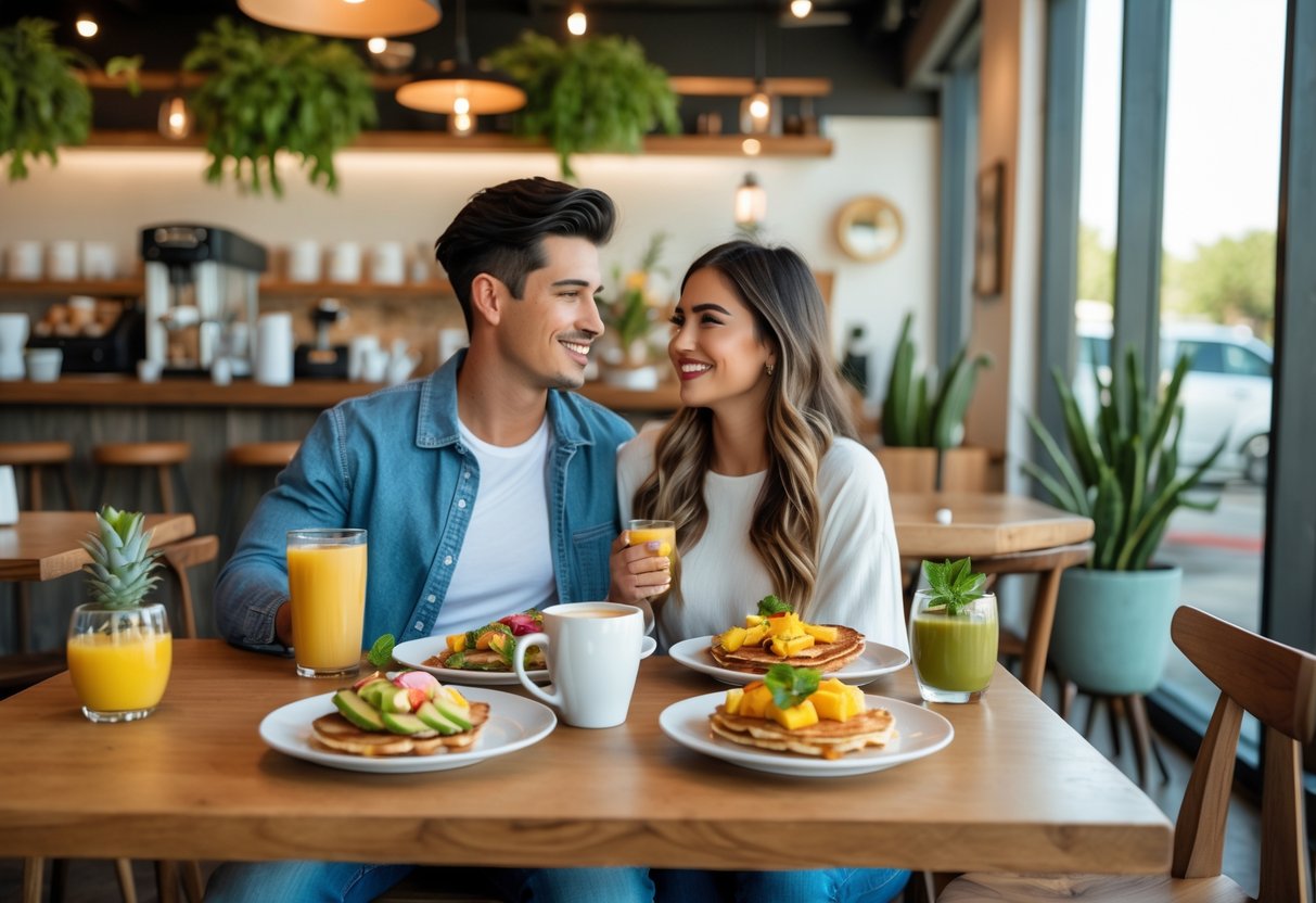 A young couple enjoying brunch together at a cafe with plates of food and drinks on the table.