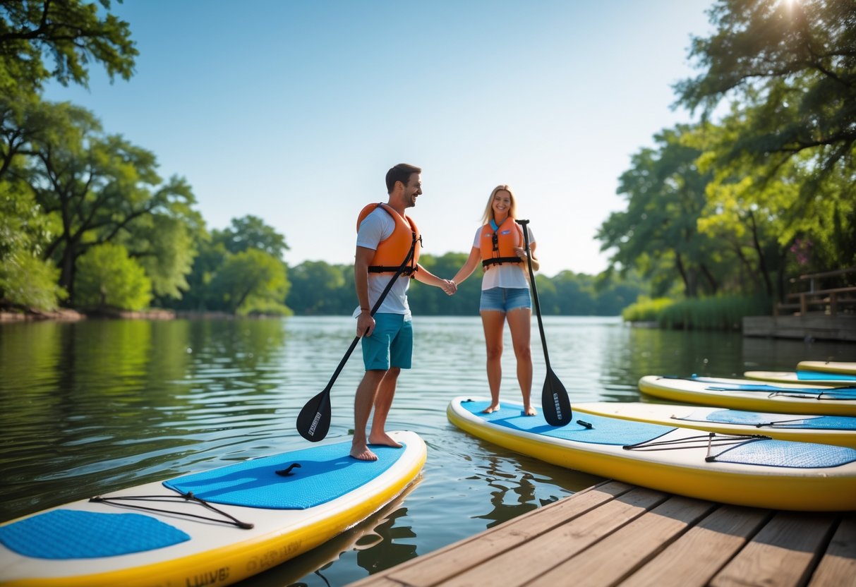 A couple renting paddleboards by a calm lake surrounded by trees on a sunny day.