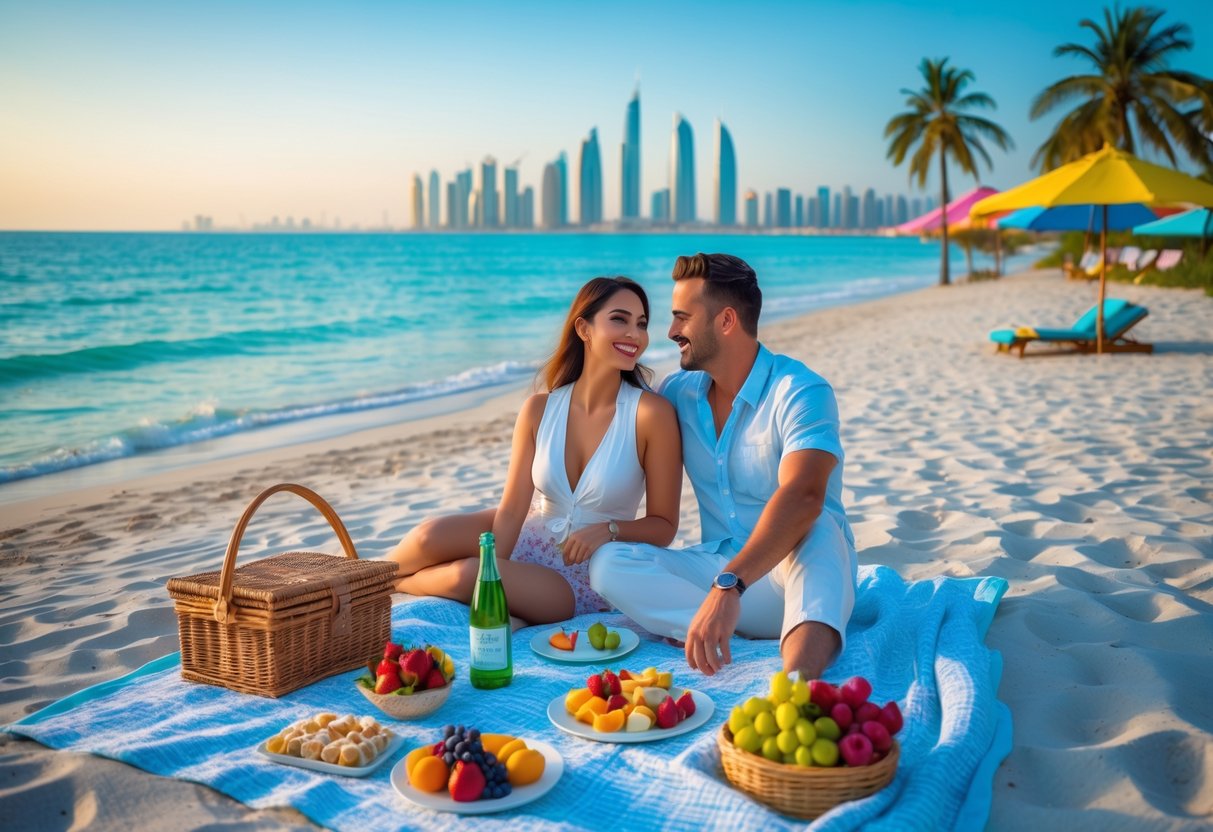 A couple enjoying a picnic on the sandy beach at La Mer with the sea and city skyline in the background.