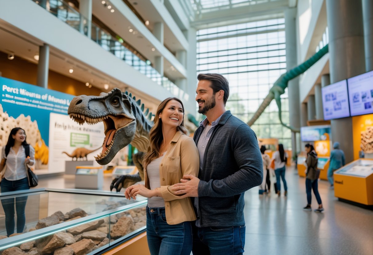 A couple enjoying an interactive dinosaur exhibit inside a bright, modern science museum with other visitors in the background.
