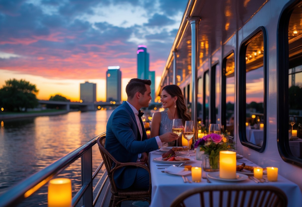 A couple enjoying a romantic dinner on a riverboat cruising the Trinity River with the Dallas Fort Worth skyline in the background at sunset.