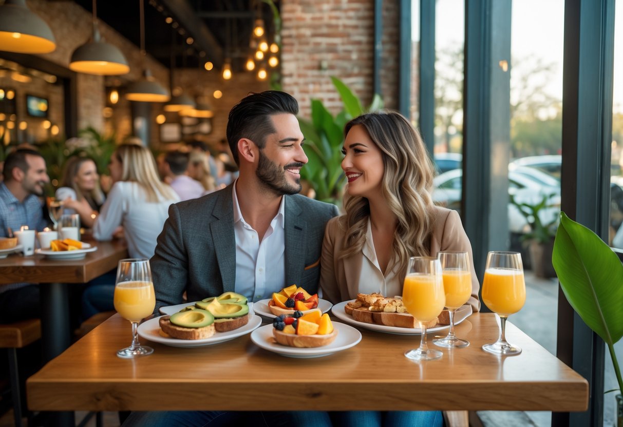 A couple enjoying brunch together at a cozy café table with plates of food and drinks in a bright, inviting setting.