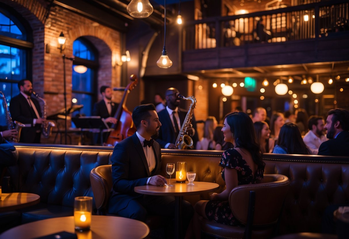 A couple enjoying a jazz night at a cozy club with live musicians playing on stage and people seated at tables.