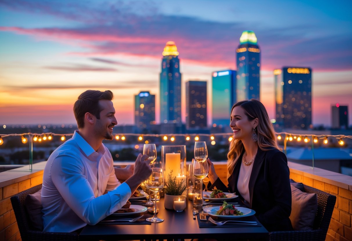 A couple enjoying a romantic outdoor dinner at a rooftop restaurant with city skyline views at sunset.