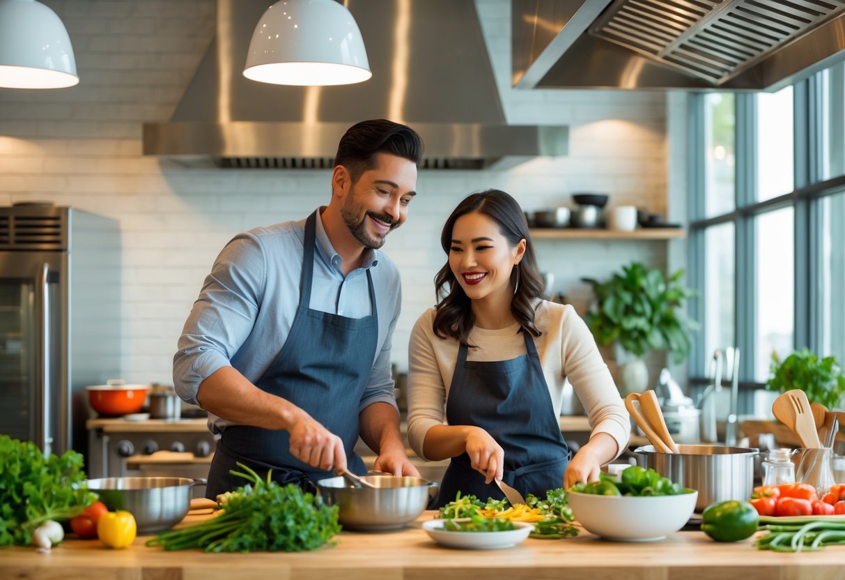 A couple cooking together in a bright modern kitchen, preparing food with fresh ingredients on the counter.