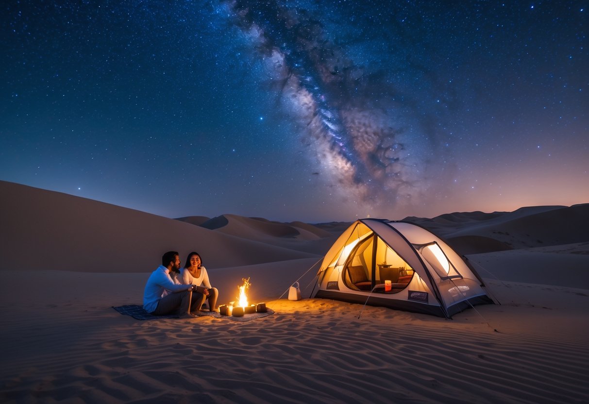 A couple camping near a lit tent and campfire in the Dubai desert under a star-filled night sky.