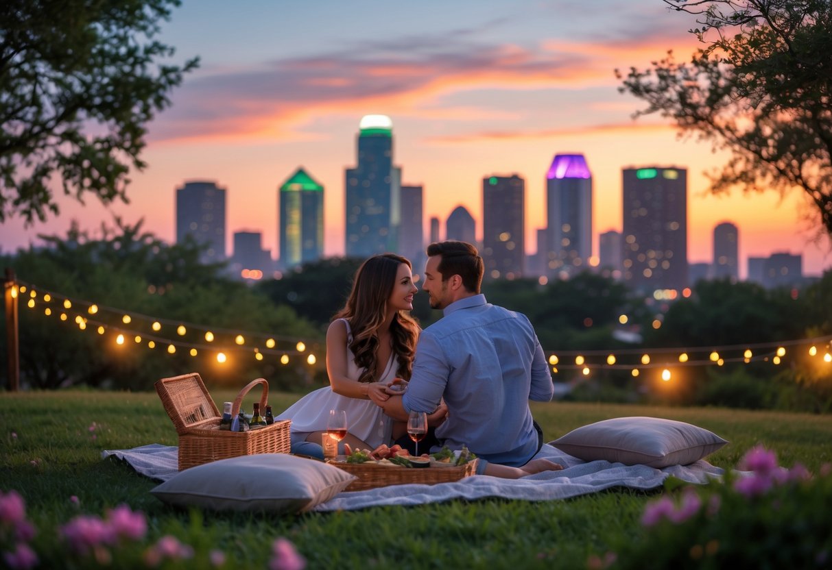 A couple having a sunset picnic on a blanket in a park with the Dallas-Fort Worth skyline in the background.