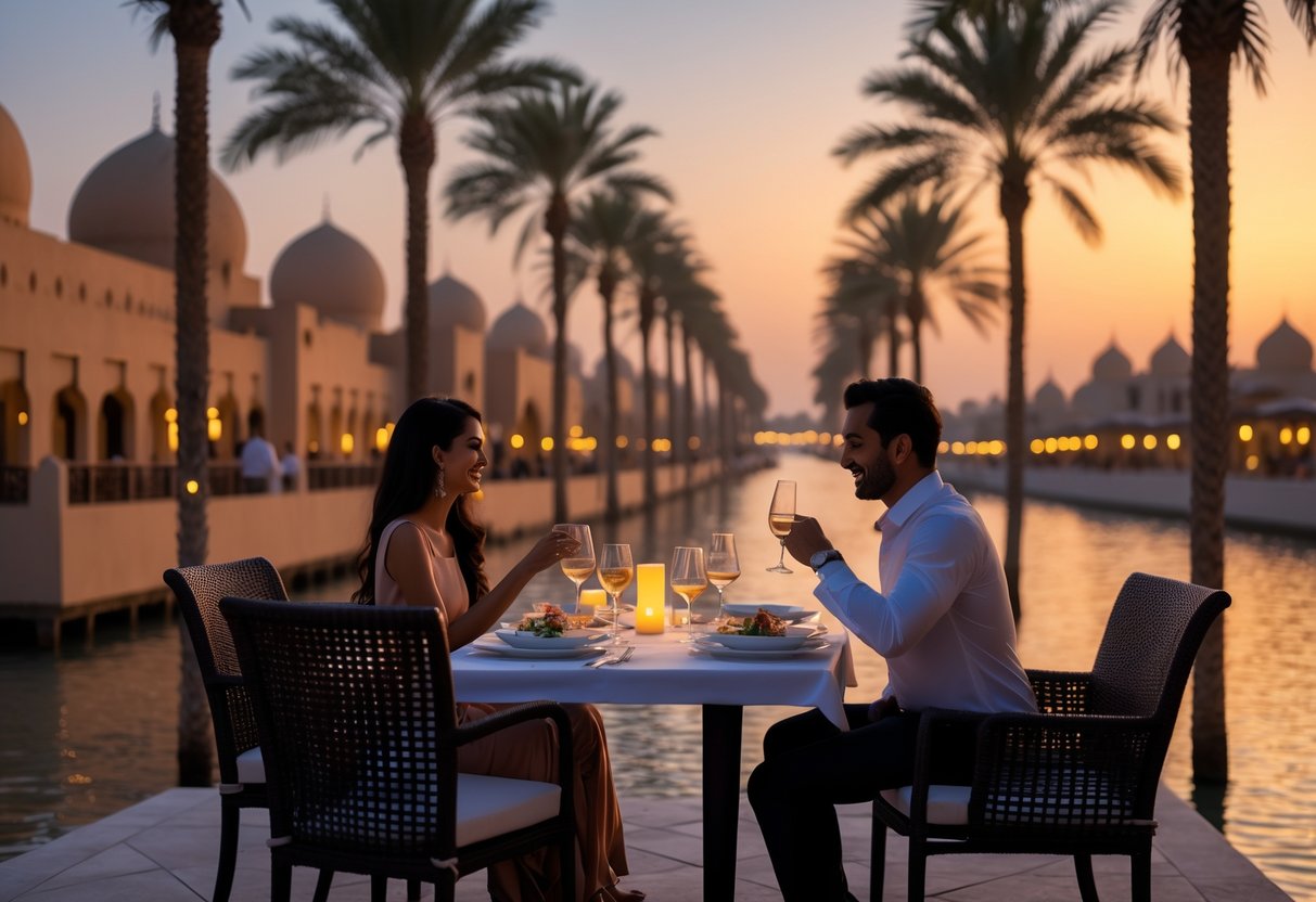 A couple enjoying a romantic dinner at an outdoor table on Madinat Jumeirah Boardwalk with Arabian architecture and water in the background at sunset.