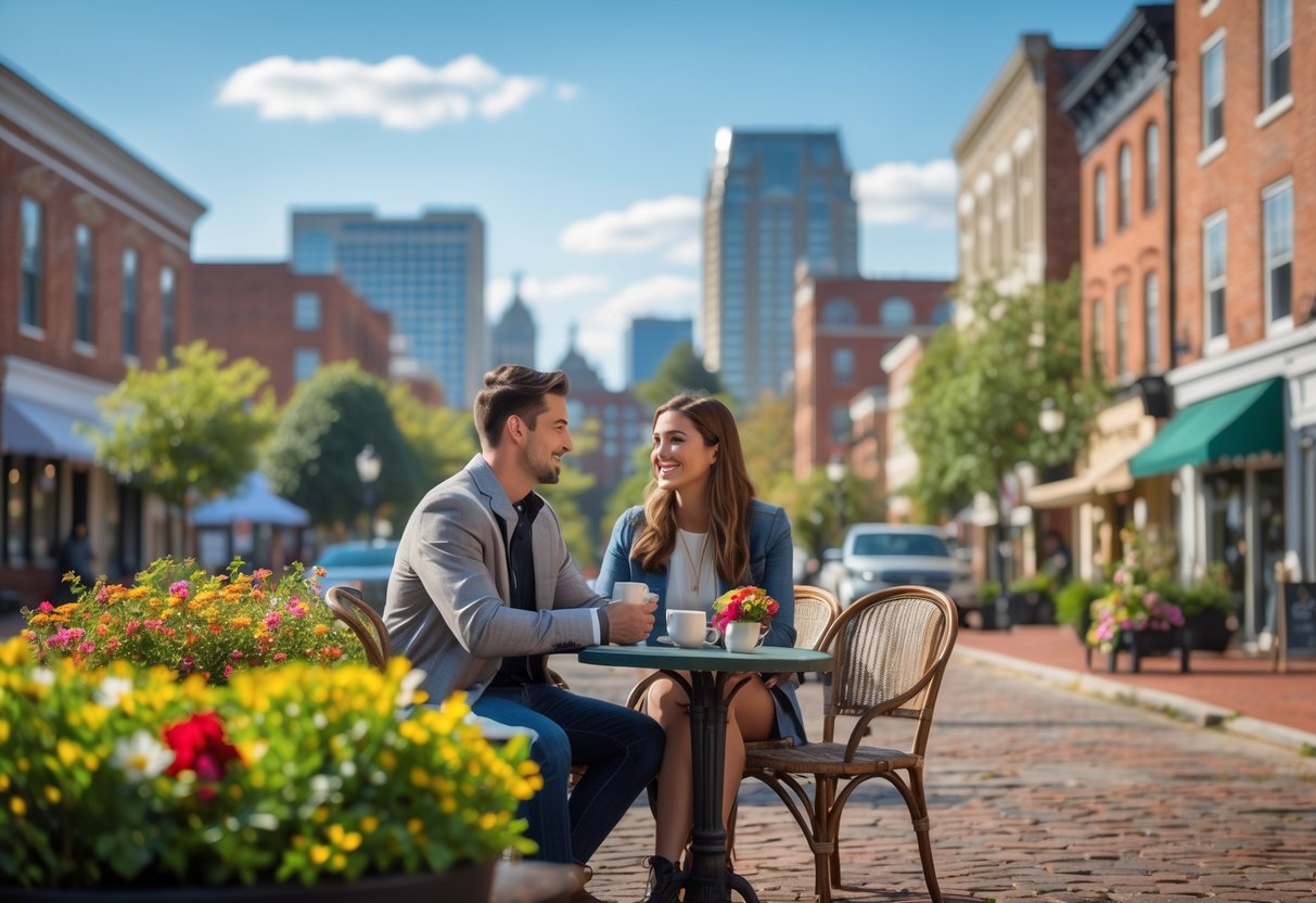 A young couple sitting at an outdoor café table in Durham, smiling and enjoying a sunny afternoon together with buildings and greenery in the background.