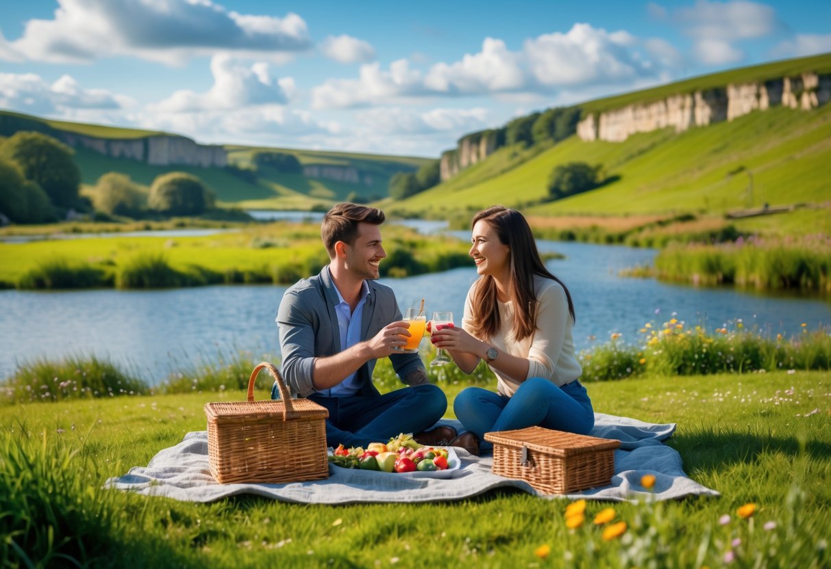 A young couple having a picnic by a lake surrounded by green hills and wildflowers in the Derbyshire countryside.