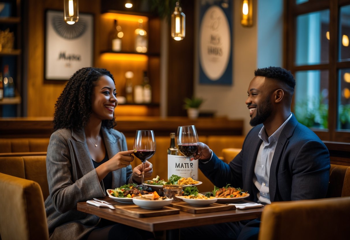 A couple enjoying a cozy dinner with tapas and wine at a warmly lit restaurant table.