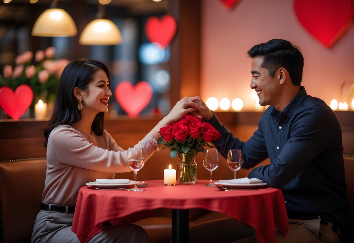 A couple holding hands and smiling at a candlelit restaurant table decorated with red roses and heart-shaped accents.