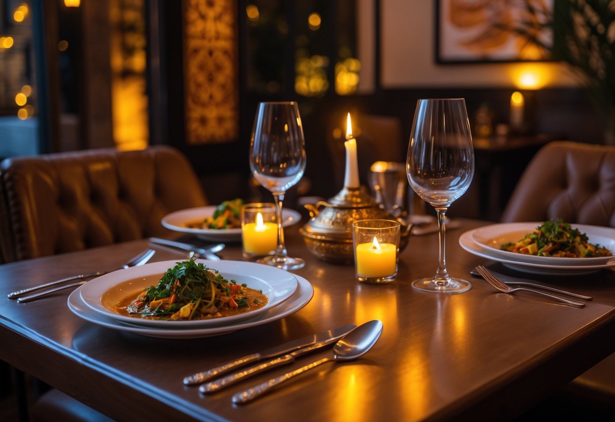 A candlelit dinner table set for two with Indian food in a warmly decorated restaurant.
