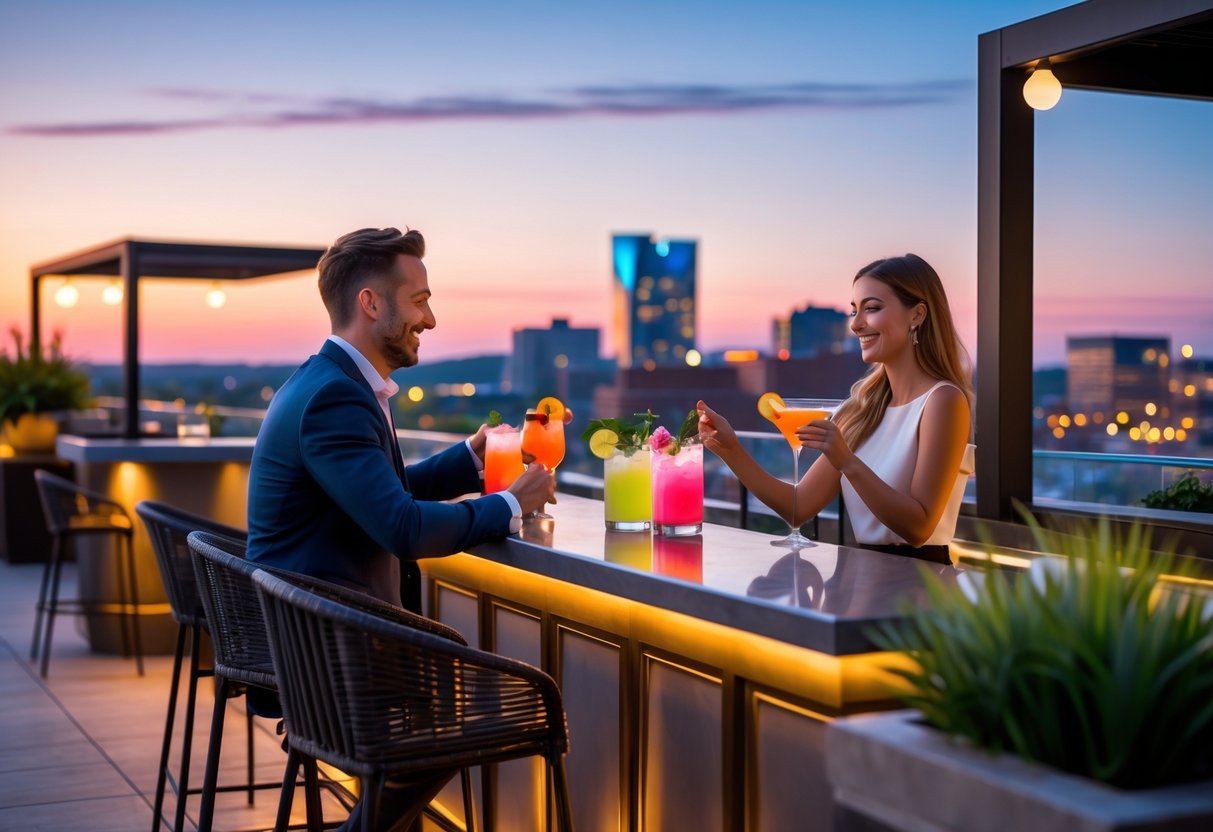 A couple enjoying cocktails together at a rooftop bar overlooking the Durham city skyline at sunset.