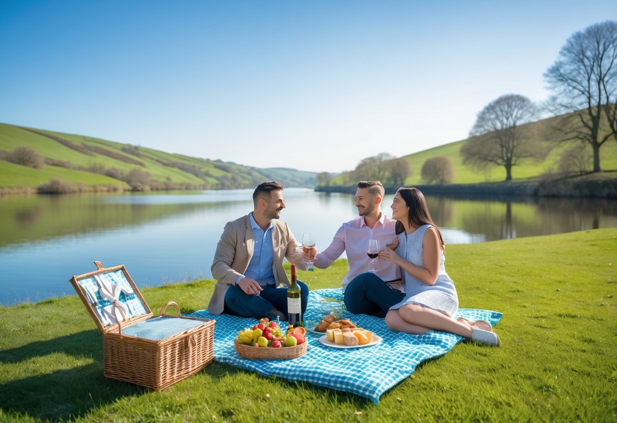 A couple having a picnic on a blanket by Ladybower Reservoir with hills and trees in the background.