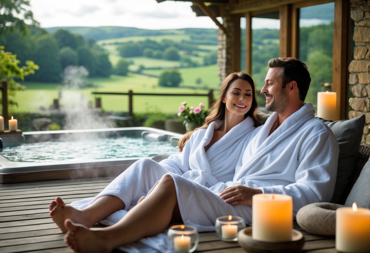 A couple in bathrobes relaxing together outdoors at a spa retreat with green countryside in the background.
