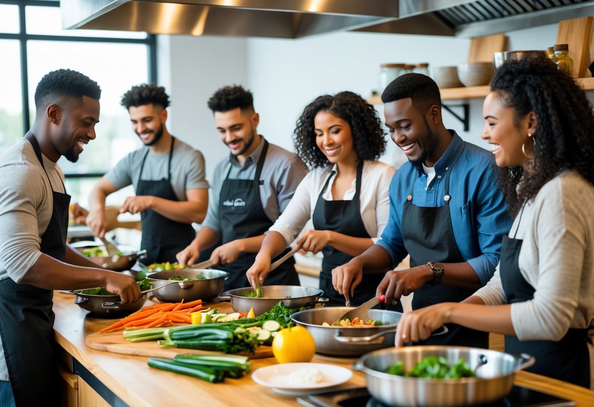 A group of young adults cooking together in a bright kitchen studio, preparing food and enjoying a cooking class.