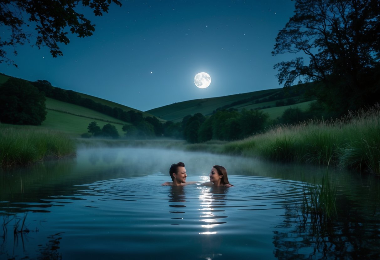 A couple swimming in a calm natural pond at night under a bright full moon surrounded by trees and hills.