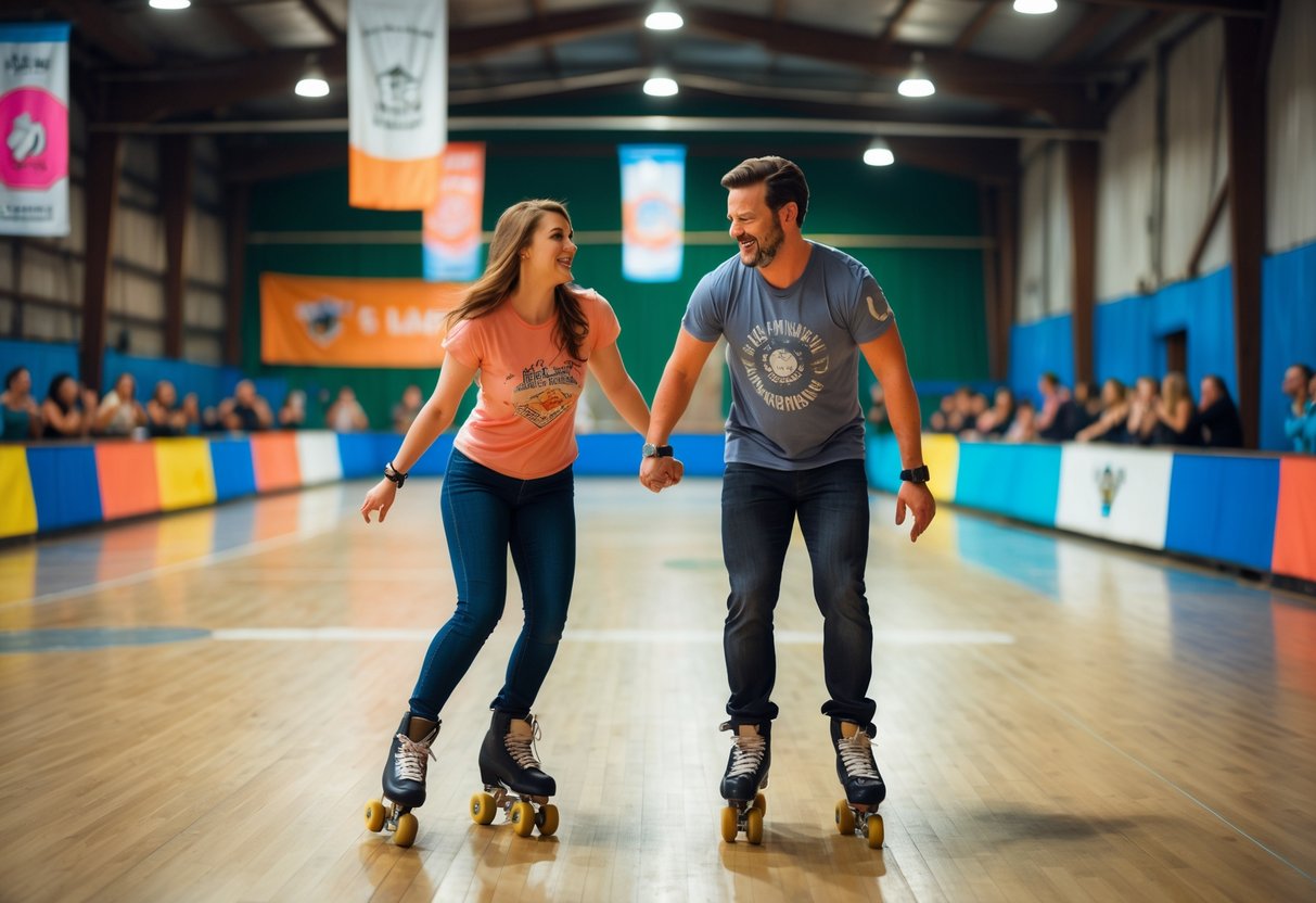 A couple roller skating together inside a roller derby arena, holding hands and smiling.