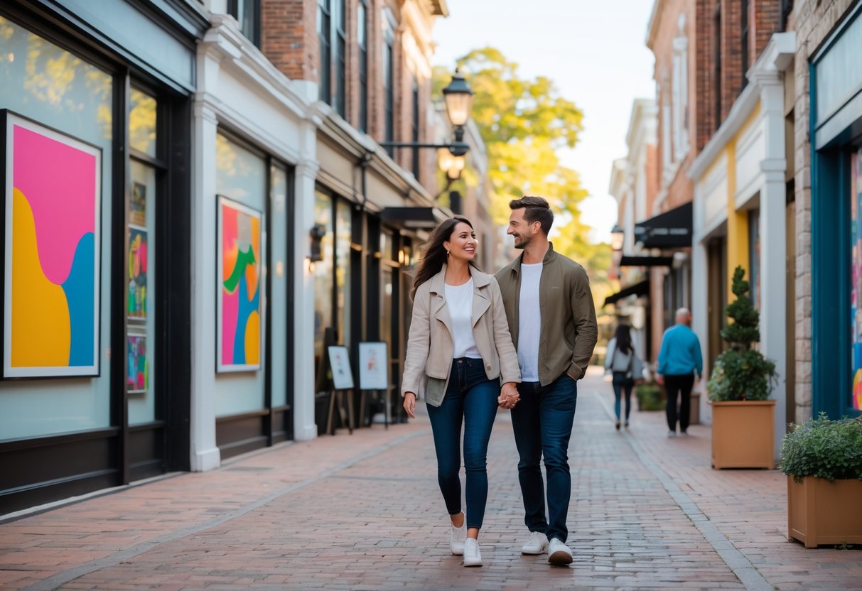 A young couple walking hand in hand outside art galleries on a downtown street in Durham, smiling and enjoying their date.