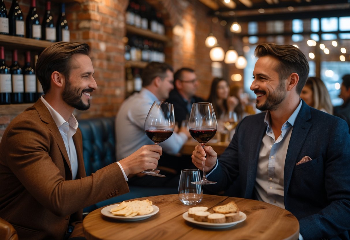 A couple enjoying wine tasting together at a cozy wine bar with wooden tables and shelves of wine bottles in the background.