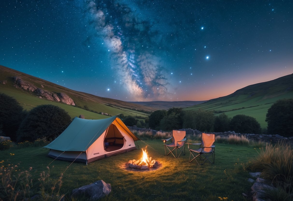 A cozy tent and campfire under a starry night sky in a grassy area with hills and trees in the Peak District.