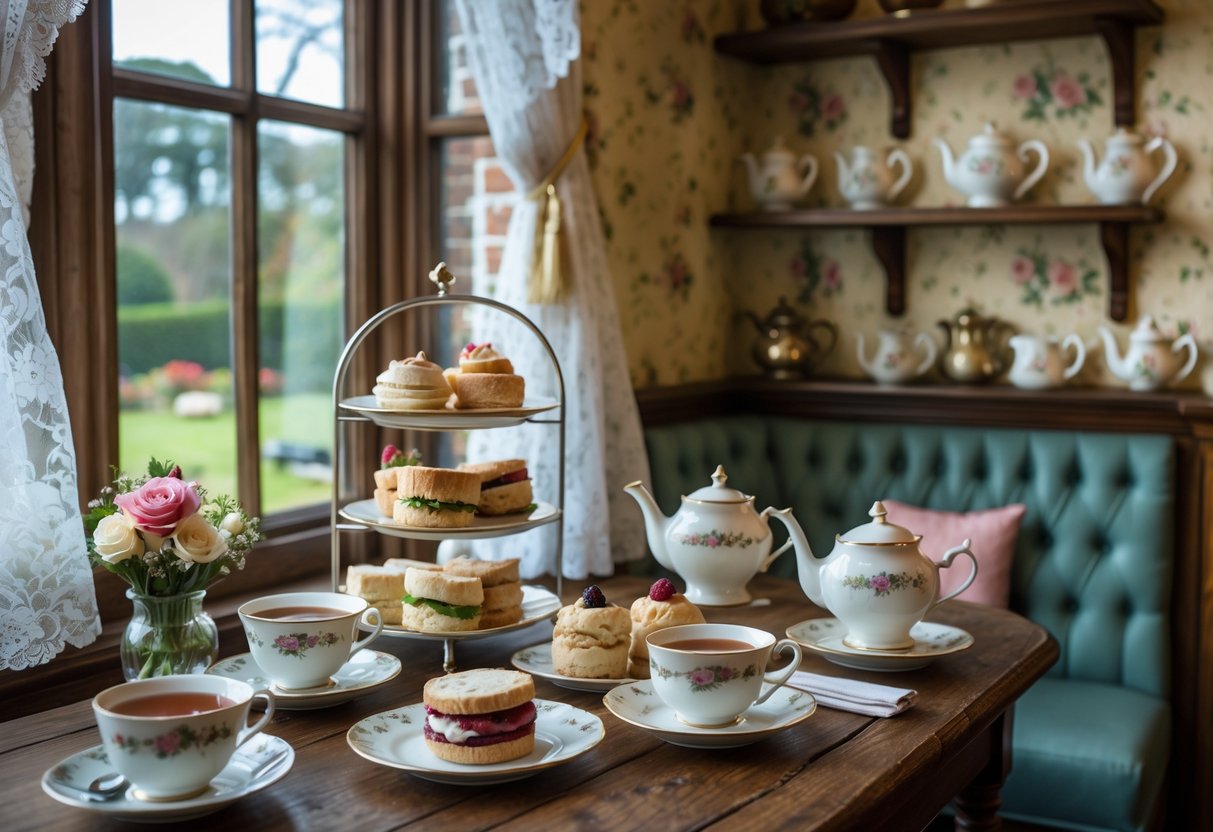 A cozy tearoom table set with teacups, a teapot, and a tiered tray of sandwiches, scones, and pastries near a window with lace curtains.