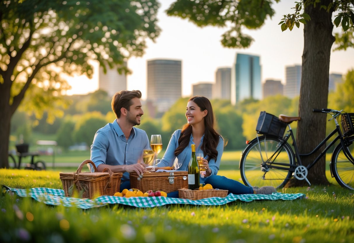 A young couple enjoying a picnic together in a park with greenery and city buildings in the background.