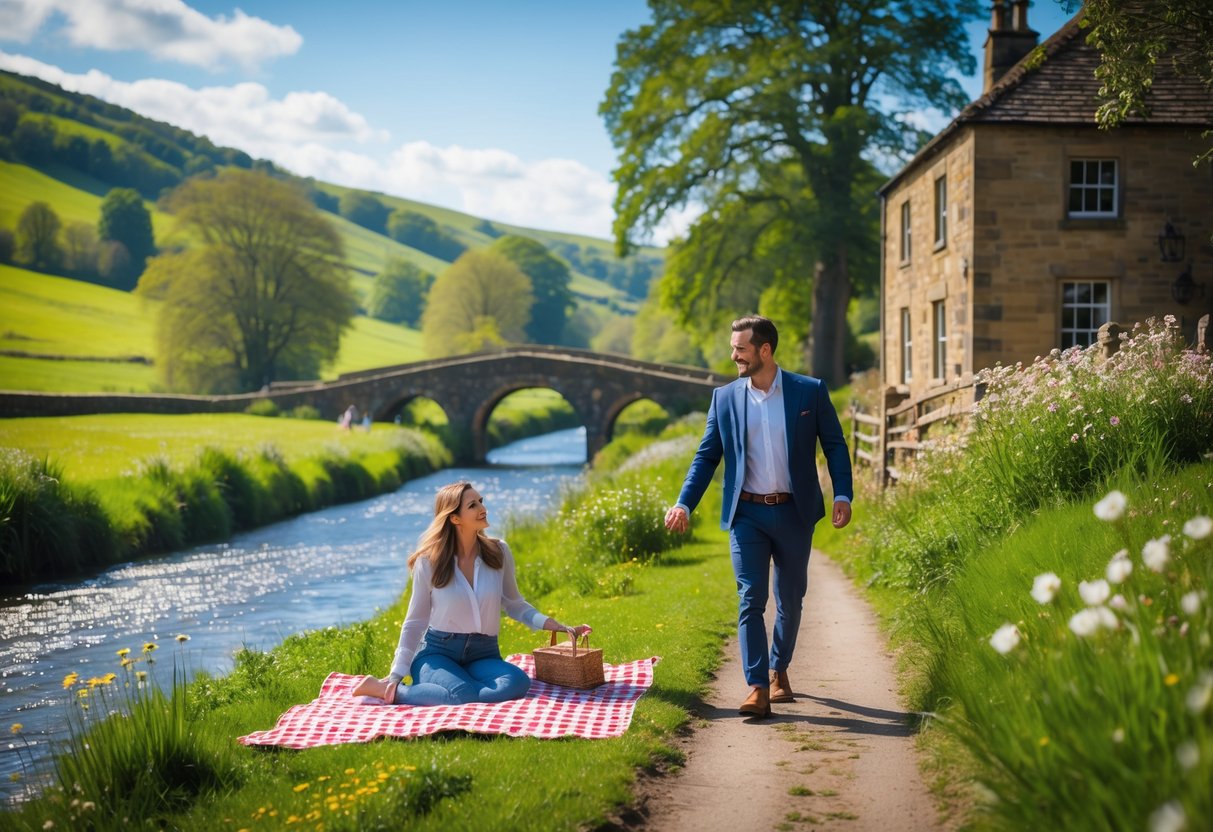 A couple enjoying a romantic outdoor date in the green countryside of Derbyshire with hills, wildflowers, and a stone bridge nearby.