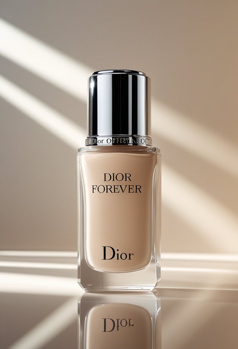 Une bouteille de fond de teint Dior Forever posée sur une surface réfléchissante avec un fond clair et minimaliste.