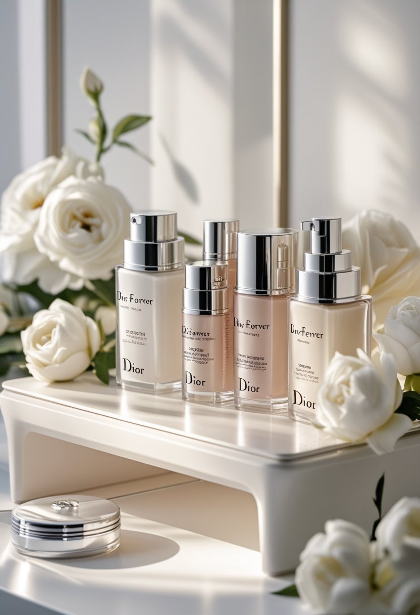 Une table de maquillage élégante avec des produits Dior Forever disposés soigneusement, entourée de fleurs blanches dans un décor épuré.